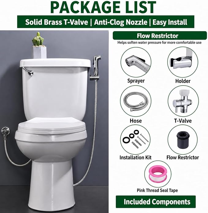 Handheld Bidet Sprayer for Toilet with 7/8-Inch Flow-Control Brass T-Valve, Anti-Clog Chrome-Finish Spray Head and 47-Inch Stainless Steel Hose for Personal Hygiene, Feminine Care and Toilet Cleaning