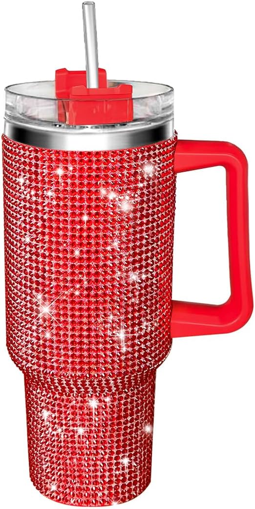 HWISDMIG 40oz Tumbler with Handle-Glitter Rhinestones Tumbler Bling Cups Stainless Steel Water Bottle Diamond Studded Tumbler for Women-Birthday Gifts for Women, Mom, Wife, Girlfriend (40 oz,Red)