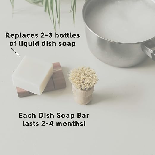 Dish Washing Bundle Kit | Eco-Friendly Solid Dish Soap, Cedar Soap Tray, Bamboo Pot Brush | Organic & Vegan Ingredients, Non-Tox Dish Soap | 3pc. Set