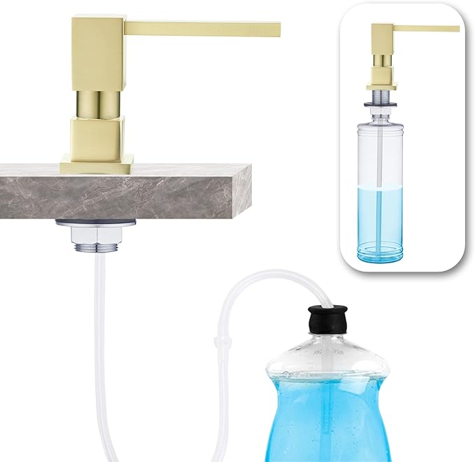 Soap Dispenser Square Built in Sink with 47'' Long Tube, Brushed Champagne Gold Brass Pump Head for Kitchen Sink with 17 oz Bottle