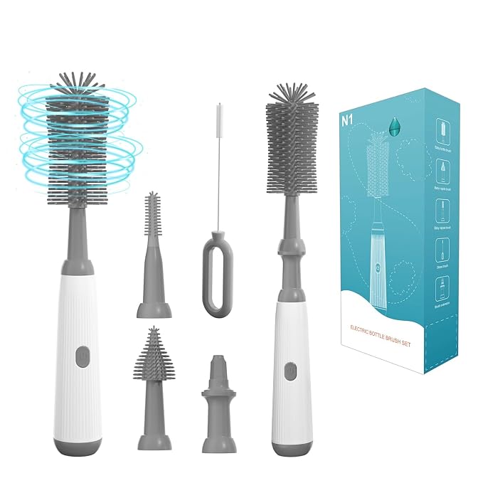 Electric Bottle Brush Set with Electric Bottle Brush Cleaner, 3 Replaceable Baby Bottle Brushes and Extension Handle. Silicone Bottle Brush, Waterproof, Perfect Baby Essentials(Grey)
