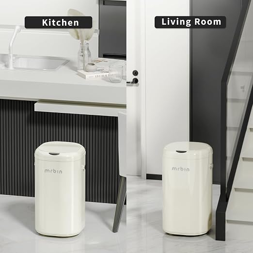 MRBIN Adsorption Metal Kitchen Motion Sensor Trash Can Removable, 30L / 7.9gal Automatic Absorbing Bag Lidded Garbage Bin with Wheels, Commercial Waste Basket for Office and Bedroom, Bathroom, White