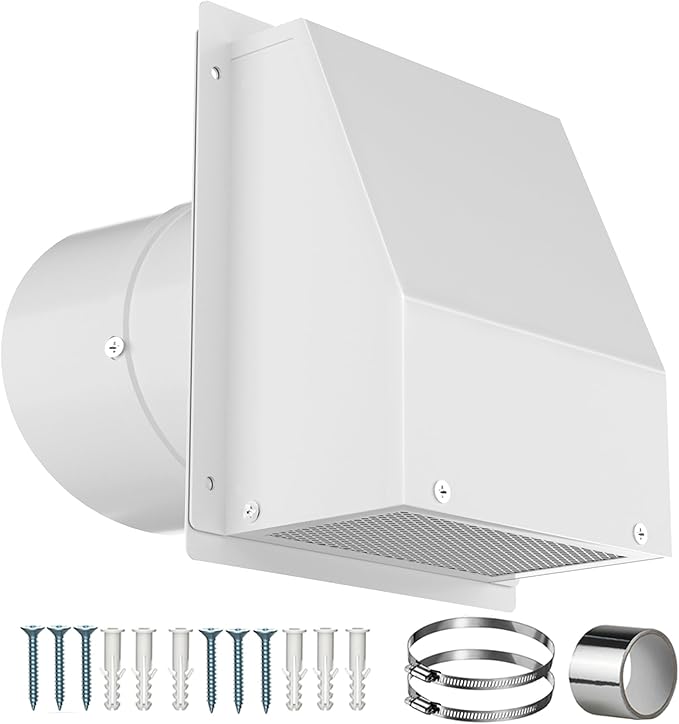 6 Inch Hooded Wall Vent with Screen and Damper, Galvanized Steel Wall Vent Cover White Metal Hood Cap Exhaust Duct Pipe Kit with Hose Clamp Aluminum Foil Tape Screw for Laundry Room Bathroom Basement