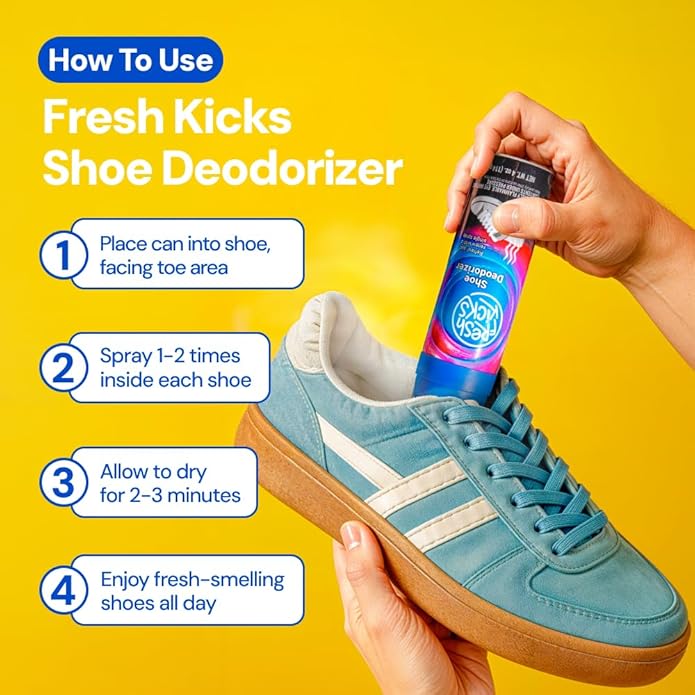 FRESH KICKS Shoe Deodorizer Spray, 4 oz – Instantly Erases Odors & Sweat in Everyday Shoes – Fast-Drying, No Residue, Gentle on Leather, Canvas, & Mesh – Long-lasting Shoe Spray Deodorizer