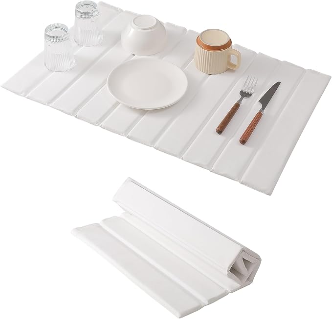 Dish Drying Mat，Stone Drying Mat for Kitchen Counter，Heat Resistant and Super Absorbent Foldable Bath mats,Made of Diatomaceous Earth and Leather.24.8"×15.7" White