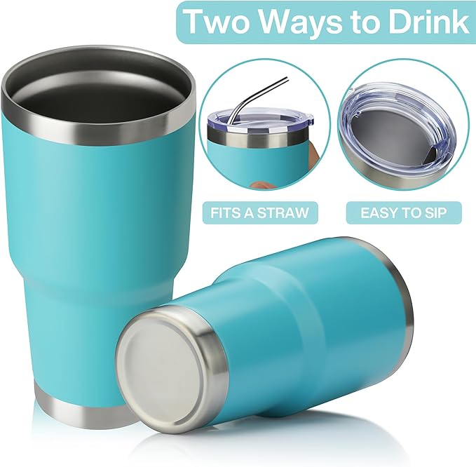 MEWAY 30oz Insulated Tumbler With Lids and Straws,Stainless Steel Double Vacuum Coffee Tumbler Cup, Brush, Durable Powder Coated Coffee Cup for Cold & Hot Drinks(Light Blue,8 PACK)