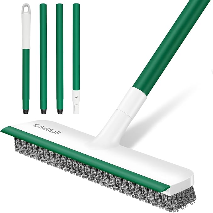 SetSail Floor Scrub Brush, Scrub Brush with Long Adjustable Handle 2 in 1 Scraper Brush Stiff Bristle Floor Scrubber for Cleaning Bathroom Shower Kitchen Garage Deck Tile Tub, White Green