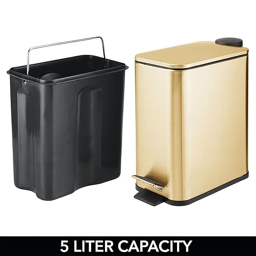 mDesign 1.3 Gallon Rectangular Slim Metal Trash Can w/ Foot Pedal, Easy-Close Lid, Narrow Wastebasket, Garbage Container Bin - Bathroom, Bedroom, Kitchen, Home Office, Removable Liner- Soft Brass