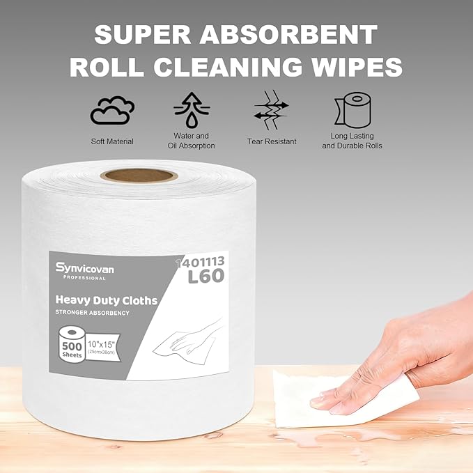 Cleanroom Wipes Heavy Duty Cloths, Lint-Free and Extra Absorbent Towels Jumbo Roll (15"x 10", 500 PCS), White