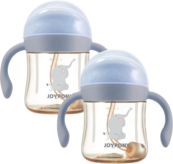 Joypony Sippy Cups for Toddlers 1-3, Spill Proof Weighted Straw Cup with Handle for Baby 6 Months + old, 2 Pack, Total 4 Silicone Straws, PPSU, BPA Free, 6 oz (Blue)