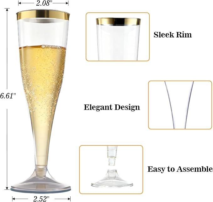 Bestluck 100 Pack Champagne Flutes Plastic with Gold Rim, 4.5 oz Clear Plastic Disposable Stemware, Disposable Champagne Flutes for Party, Mimosa Bar, Wedding, Anniversary and Graduation