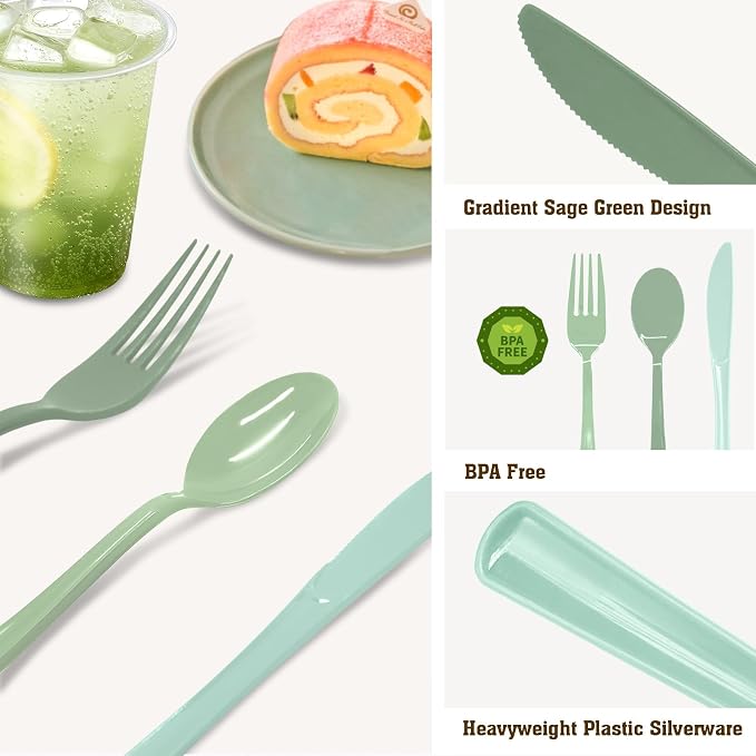 180 PCS Gradient Sage Green Plastic Silverware Heavy Duty Sage Green Cutlery Disposable Set Include 60 Forks, 60 Knives, 60 Spoons for Birthday, Baby Shower, Wedding