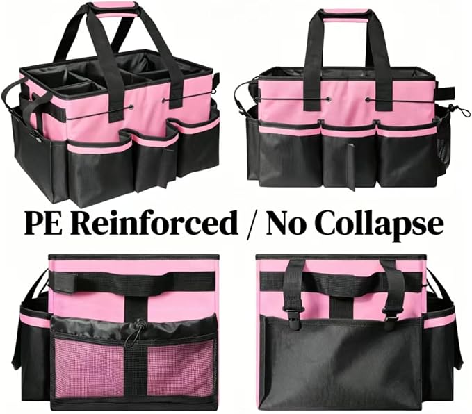 Wearable Cleaning Caddy Organizer with Handle & Adjustable Shoulder Strap 4 Foldable Compartments, Cleaning Supplies Caddy for Housekeepers, Car, Home, Hotel & Outdoor Cleaning Bag（Pink）