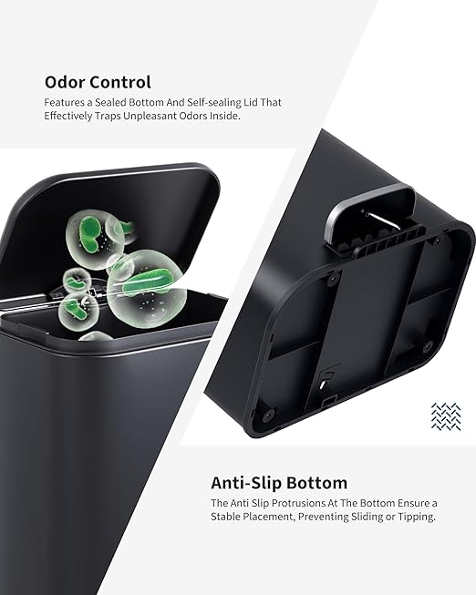3.2 gal/12L Stainless Steel Kitchen Trash Can, Step-on Recycling Bin with Soft Close Lid, Removable Inner Bucket, Rectangular Wastebasket for Office Living Room, Black