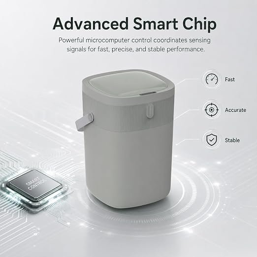 WM-DZT-12-36S Smart Motion Sensor Trash Can, Ultra-Quiet Soft-Close | Long Battery Life | Built-in Bag Storage & Portable PU Handle (Greyish Green)