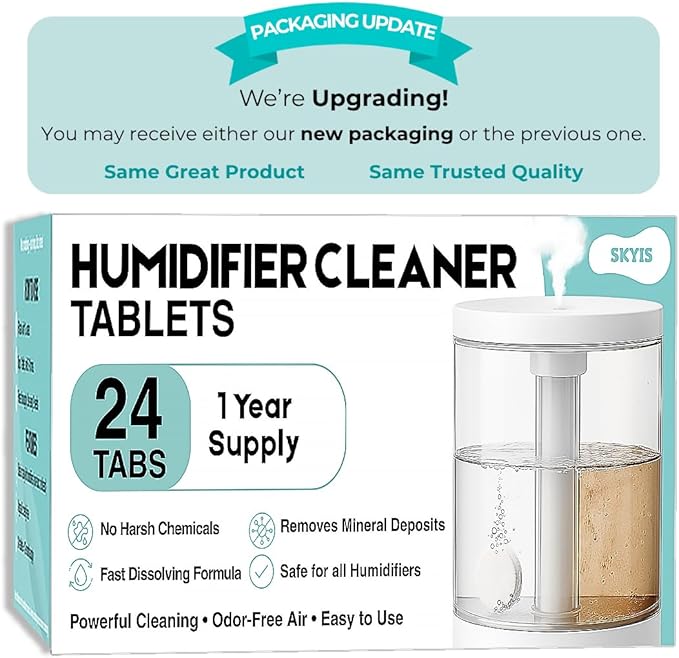 Skyis 24 pack Humidifier Cleaning Tablets Diffuser Cleaner for Stains Residue & Mineral Deposits Improves Mist Flow & Device Care Simple Drop In Formula