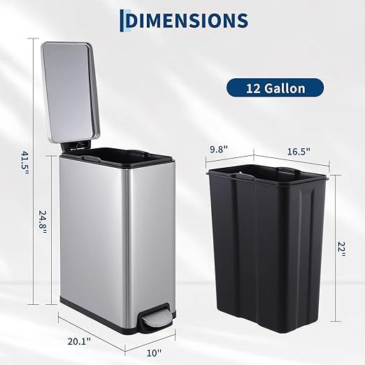 Garvee Slim Trash Can with Lid, 12 Gal (45 L) Stainless Steel Kitchen Garbage Can with Inner Bucket and Step On Foot Pedal, Narrow Metal Trash Bin, Silver
