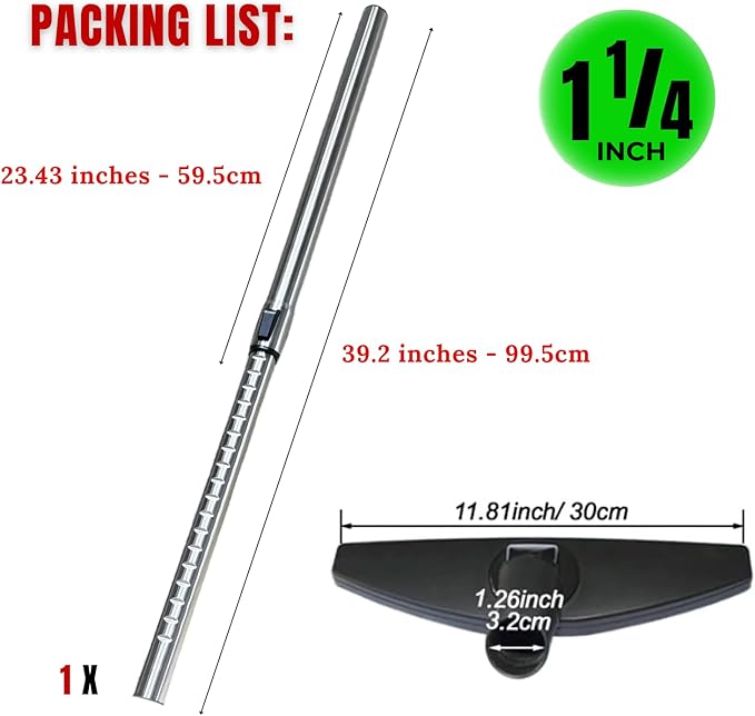 1.25 Inch Stainless Steel Vacuum Extension Wand Compatible with Vacuums using 1 1/4 Inch (1.25in) 32mm Accessories - 1 1/4 Vacuum Extension Tube for Shop Vac (Extension Wand and Hard Floor Brush)