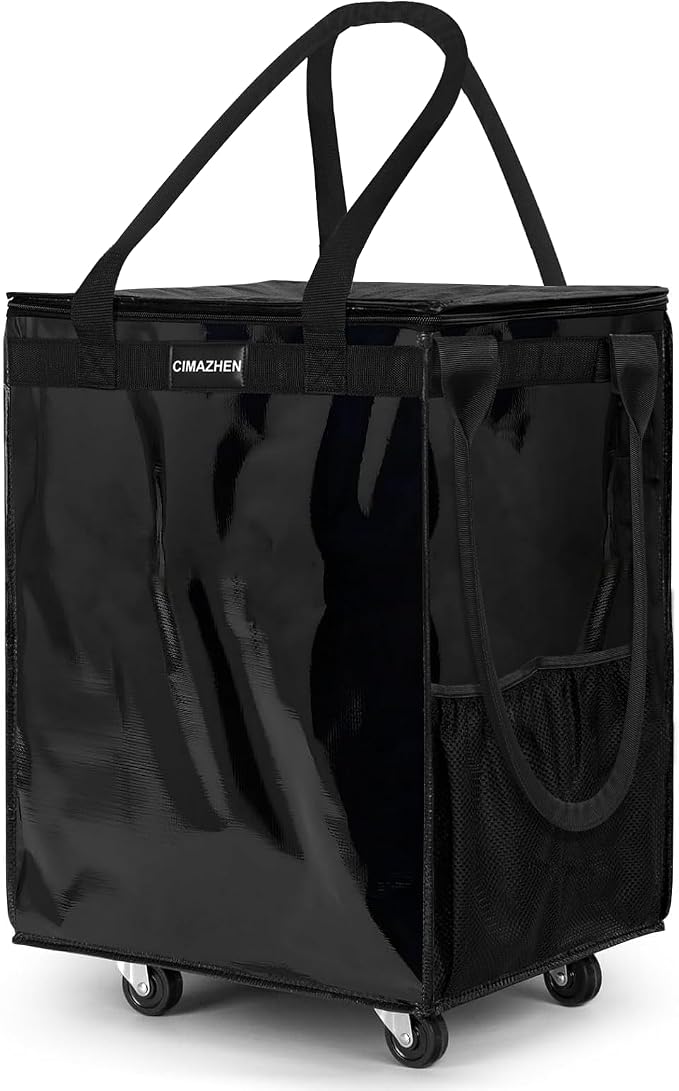 (Medium,Black) Reusable Grocery Bag on 4 Wheels, 70L Foldable Rolling Tote Bag with 3 Handles and Zipper, Rolling Shopping Cart for Groceries, Storage, Laundry, Travel, Organizer, 76lb