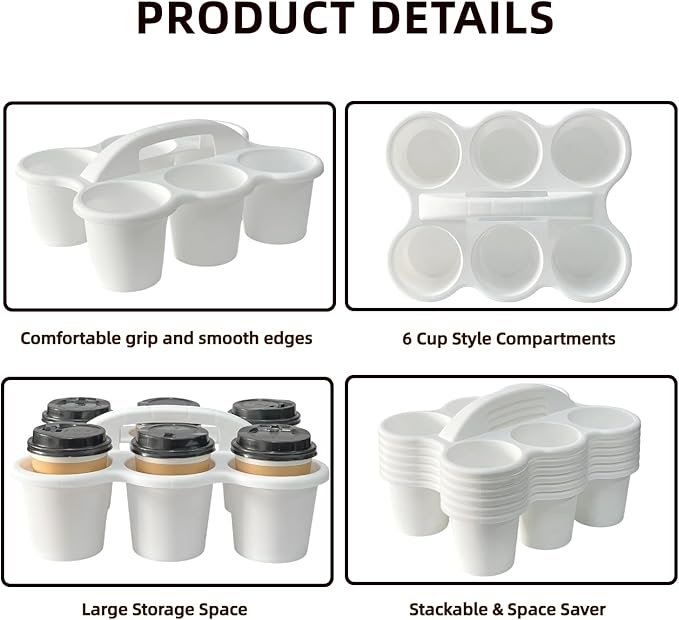 RAUVOLFIA 6 Pack Classroom Caddy Storage Basket with Handle, Plastic Drink Cup Caddy Holder, 6 Compartments for Kids, Table, Office, Arts, Crafts, Crayon, Marker, Pencil, School Supplies (White)