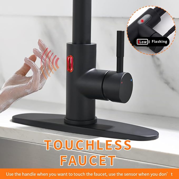 Touchless Kitchen Faucet with Pull Down Sprayer LED Light Single Handle Kitchen Sink Faucet Motion Sensor Smart Hands-Free, Stainless Steel Black