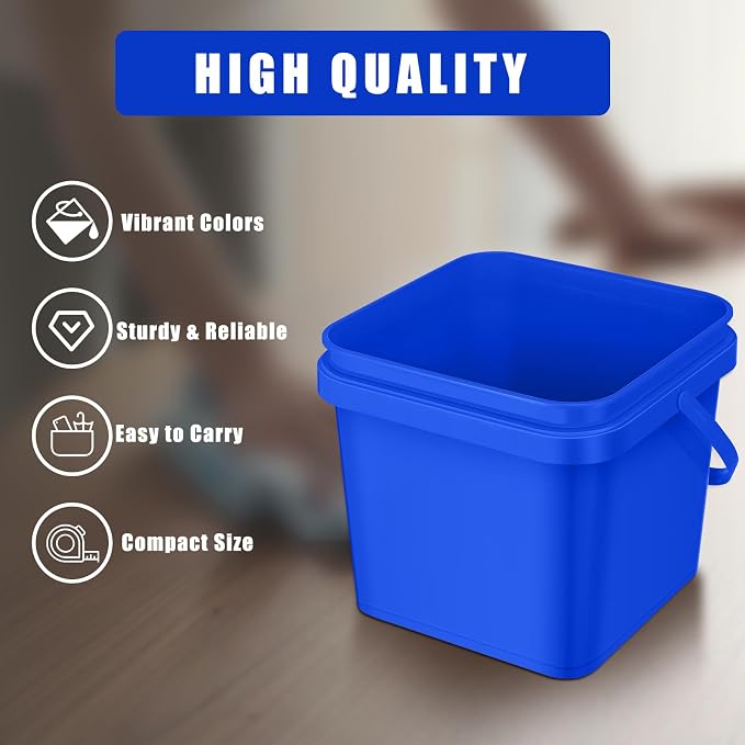 Jingmore 4 Pcs Plastic Bucket 5 Quart Square Bucket Utility Small Pail with Handle Sturdy Pail Organizer for House Cleaning Storage Livestock Feeding Car Washing Food Storage, No Lids(Blue)