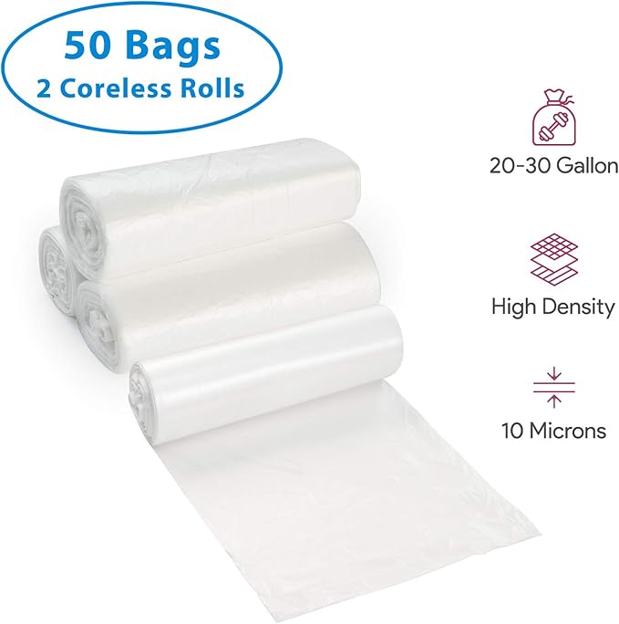 20-30 Gallon Clear Garbage Can Liners, 50 Count - Medium - Large Trash Can Liners - High Density, Thin, Lightweight, 10 Microns - For Office, Home, Hospital, Wastebaskets - 2 Coreless Rolls