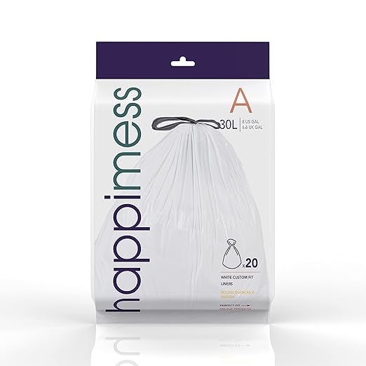 happimess 8 Gallon (30L) Drawstring Trash Bags, Unscented, White, Heavy Duty LDPE Liners for Kitchen and Household, Custom Fit 120 Count (6 Packs of 20 Liners) HPM3000A-W-6SET
