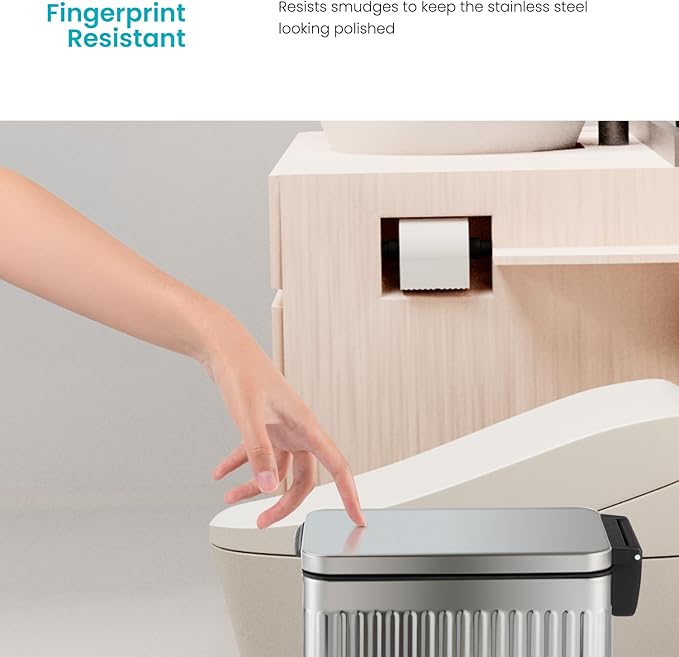 Home Zone Living 3 Gallon Small Trash Can with a Lid and Step Pedal, Stainless Steel with Slim Ribbed Design for Home and Office, Silver, 10 Liters