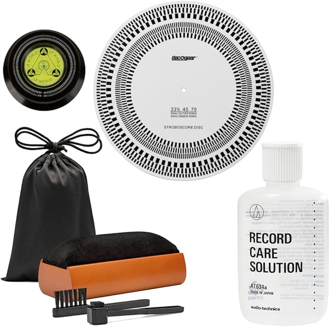 Deco Gear Vinyl Care Turntable Bundle: Cleaning Kit + Stroboscope + Record Stabilizer + Audio-Technica Record Care Solution