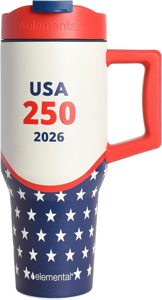 Elemental 32 oz 100% Leak Proof Tumbler with Handle & Straw - Stainless Steel Double Wall Insulated Tumbler for Hot and Cold Beverages - Travel Coffee Mug with Sip & Straw Lid - USA 250