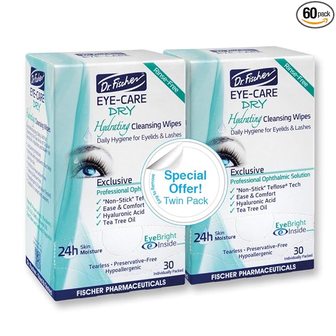 Dr. Fischer Tea Tree Eyelid Wipes for Dry Eyes - Gentle Eye Wipes for Everyday Eye Conditions and Hypoallergenic Makeup Remover (60 Wipes)