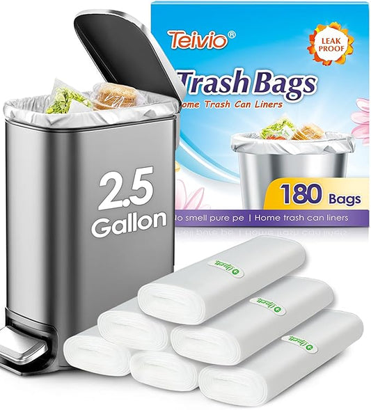 Teivio 2.5 Gallon 180 Counts Strong Trash Bags Garbage Bags, Bathroom Trash Can Bin Liners, Small Plastic Bags for home office kitchen, Clear