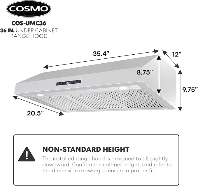 COSMO UMC36 36 in. Haven Collection 380 CFM Ducted Under Cabinet Range Hood, LED Lights, Touch Controls, Stainless Steel