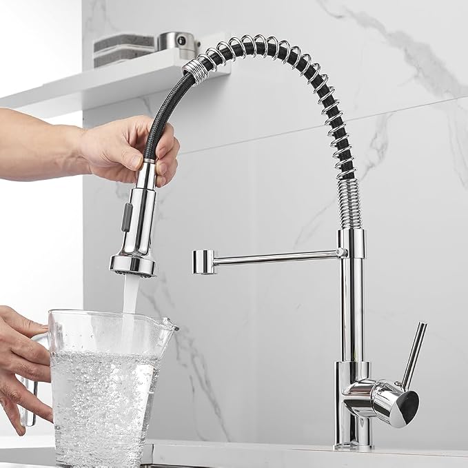 Spring Kitchen Sink Faucet Commercial Single Handle Single Lever Kitchen Faucet with Pull Down Sprayer, Polished Chrome Kitchen Faucets