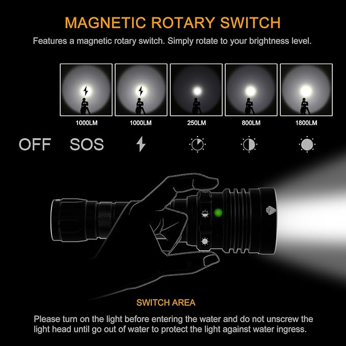 1800LM Dive Light Scuba Diving Flashlight,Super Bright Rechargeable Diving Flashlight With Magnetic Switch, 5 Modes Waterproof Underwater Light (100m/330ft) for Night Diving Underwater Photography
