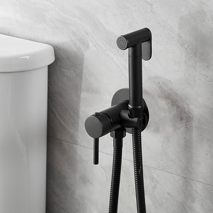 Wall Mounted Bidet Sprayer Set, Warm Water Bidet Sprayer Faucet for Toilet with Hot and Cold Brass Valve, Stainless Steel Round Handheld Bidet Attachment Set, Matte Black