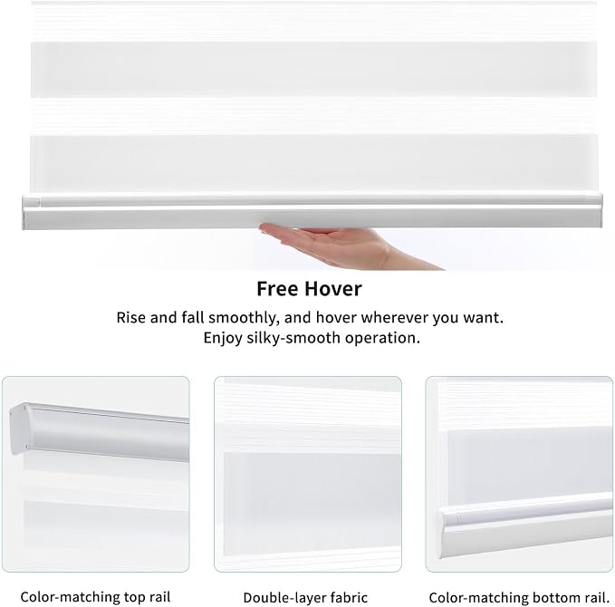 MYshade Cordless Zebra Blinds with Free-Stop Function - Dual Layer Light Filtering & Privacy Sheer Shades for Day and Night - Easy Install Window Shades for Home, Living Room, 41" W x 72" H,White