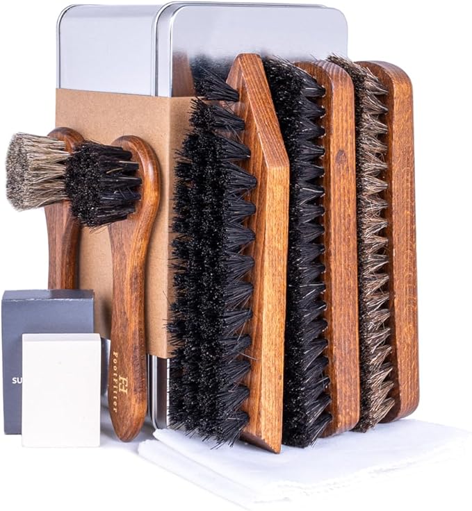 FootFitter Advanced Shoe Care Brush Set, Premium Horsehair Shine Brushes, Suede Eraser, Stiff Cleaning Brush & Shine Cloths for Polishing Leather & Suede Footwear (Made in Germany)