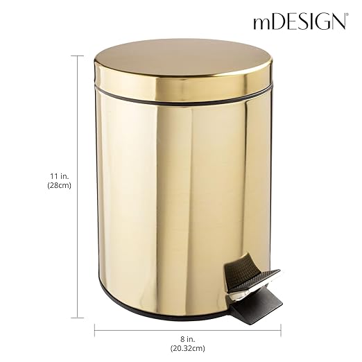 mDesign Small Modern 1.3 Gallon Round Metal Lidded Step Trash Can, Compact Garbage Bin with Removable Liner Bucket and Handle for Bathroom, Kitchen, Craft Room, Office, Garage - Soft Brass, 5 liter