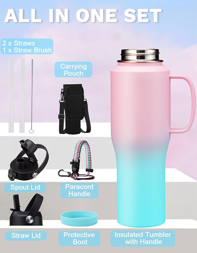 32 oz Insulated Water Bottle with Straw - Cold 48H & Hot 12H, Metal Water Bottle with Auto Spout Lid, Strap Carrier Pouch, Paracord Handle & Protective Boot, Travel Coffee Flask for Car Gym Office