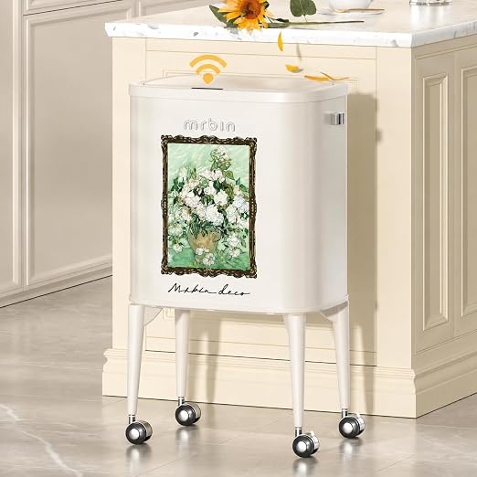 MRBIN Metal Motion Sensor Kitchen Trash Can with Wheel Legs, Medium Press Lid Slim Waste Basket, 36L / 9.5gal Pet Proof Tall Narrow Garbage Pail for Vanity, Bathroom, Bedroom, Living Room, White Rose