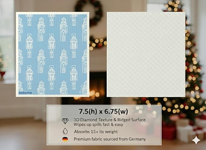 Christmas Holiday Swedish Dishcloth, Reusable Paper Towel, Super Absorbent Cellulose Sponge, Washable Kitchen Cleaning Cloth (Frosted Nutcrackers - 1 Pack)