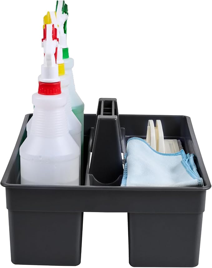Restaurantware-RW Clean 15.9 x 10.6 x 6.9 Inch Cleaning Caddy, 1 Triple Compartment Cleaning Supply Caddy - With Handle, Crack-Resistant, Black Plastic Cleaning Basket, For Cleaning Supplies,