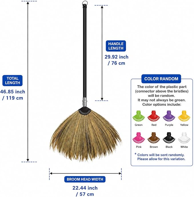 2-Piece Black Wooden Handle Vietnamese Straw Broom, Handmade Asian Grass Broom with Soft Natural Bristles for Indoor Floor, Kitchen, Living Room & Outdoor Sweeping, Household Cleaning