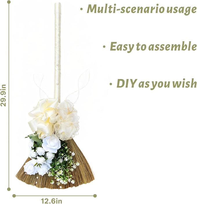 Wedding Broom for Jumping & Wedding Ceremony, DIY Decorative Broomstick with Ribbons, Artificial Pearl, Camellia, Roses - Ideal for African American Weddings