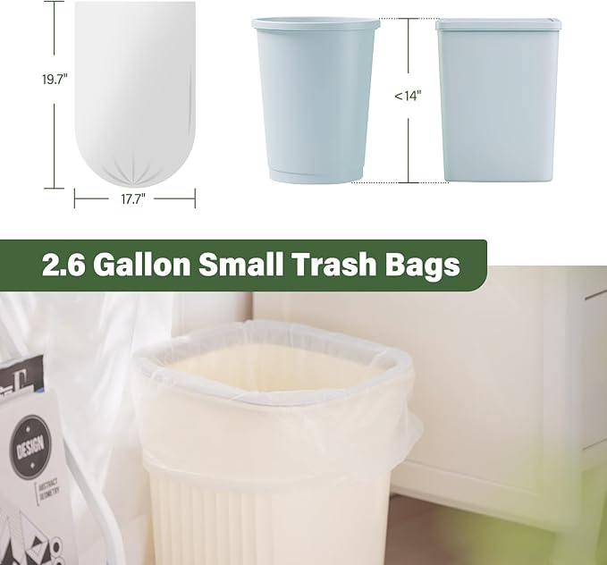 Jaoul Trash Bags 2.6 Gallon, Small Garbage Bags for Bathroom Can, Tear & Leak 2 Gallon Trash Bags, Unscented Bathroom Garbage Bags, White, 200 Counts
