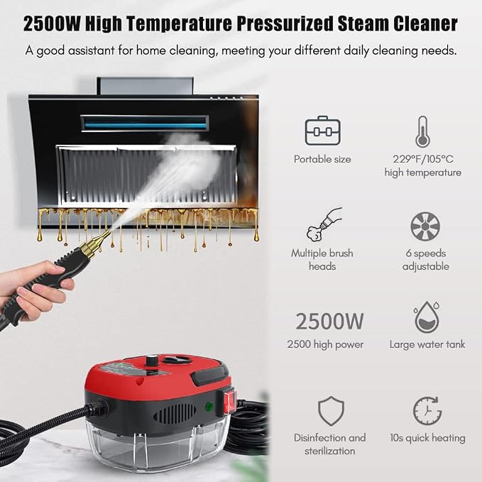 2500W High Pressure Steam Cleaner,Portable Handheld Steam Cleaner, Steam Cleaning Machine,High Temperature Pressurized Steam Cleaner with 3 Brush Heads for Floors, Car, Furniture, Bathroom