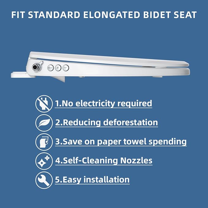 Clirass Bidet Toilet Seat, Soft Close Elongated Toilet Seat, Button control Feminine/Posterior Wash Switch, Knob Control Water Pressure,White Bidet Seat Attachment with Brass inlet Easy Installation