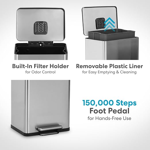 SIMPLI-MAGIC 50 Liter / 13.2 Gallon Soft-Close, Smudge Resistant Trash Can with Foot Pedal and Built in Filter- Stainless Steel, Sleek Finish